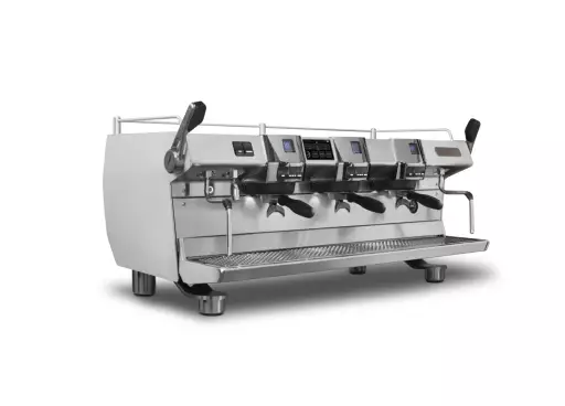 ekspres RS1 widok pod kątem, taca ociekowa, wyświetlacze, 3 kolby