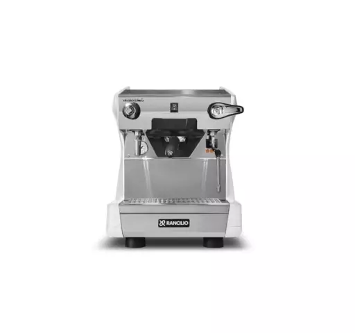 Ekspres do kawy RANCILIO CLASSE 5S 1GR TALL, biały, LED, front, kolba z czarnym uchwytem, srebrno biały, led