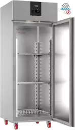 Szafa chłodnicza gastronomiczna SAGI HD7T GN 2/1, jednodrzwiowa, Shine Prime, z obrotowymi kołami, front i wnętrze urządzenia