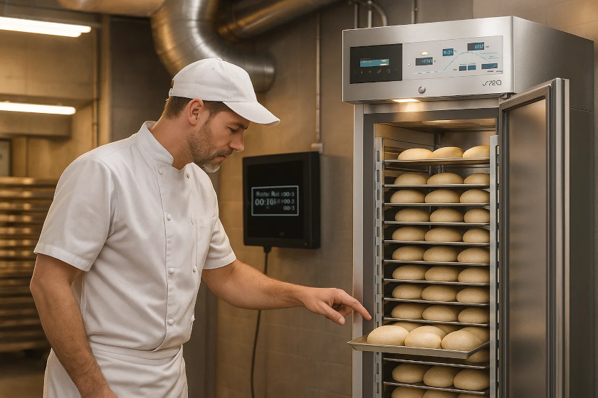 Piekarz sprawdza bochenki w komorze garowniczej podczas procesu wyrastania ciasta