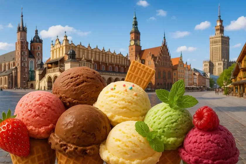 Kolorowe gałki lodowe w różnych smakach w różnych miastach w Polsce